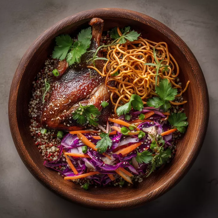 Salade-repas de 2 cuisses de canard confites, quinoa et légumes, vinaigrette à la mangue