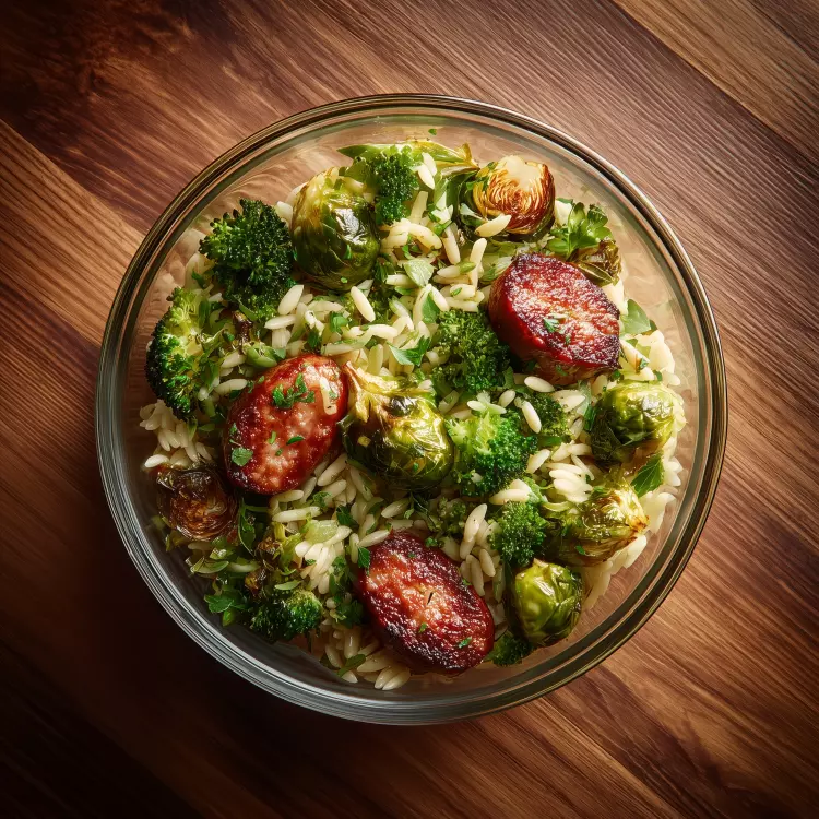 Salade d'orzo, 2 sauucisses italiennes et légumes verts, vinaigrett au miel d'Anicet (1 litre)
