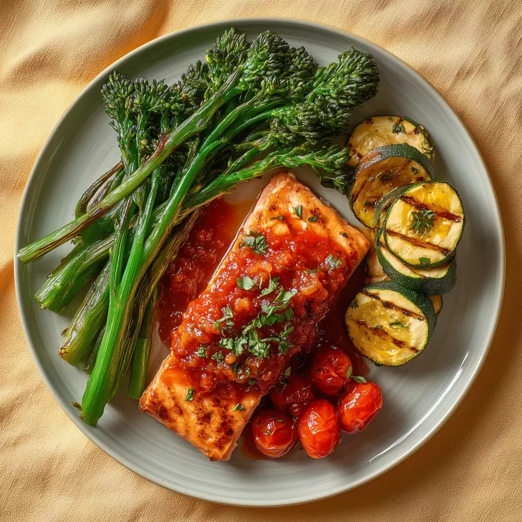 2 pavés de saumon, confit de tomates cerises, antipasti de légumes