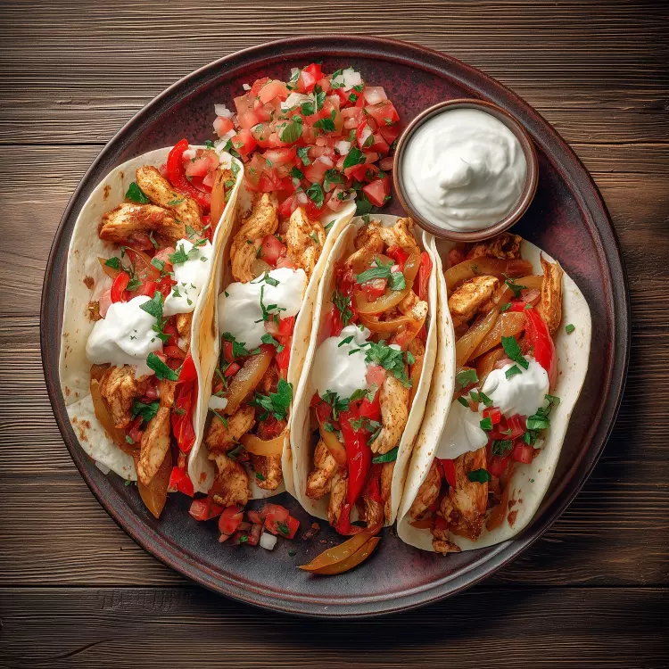 8 fajitas de poulet mariné au chipotle, pico de gallo, crème sûre et légumes grillés