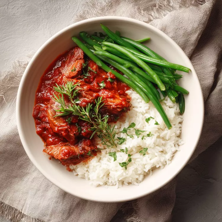 Petit braisé de veau en sauce tomate, riz et haricots verts