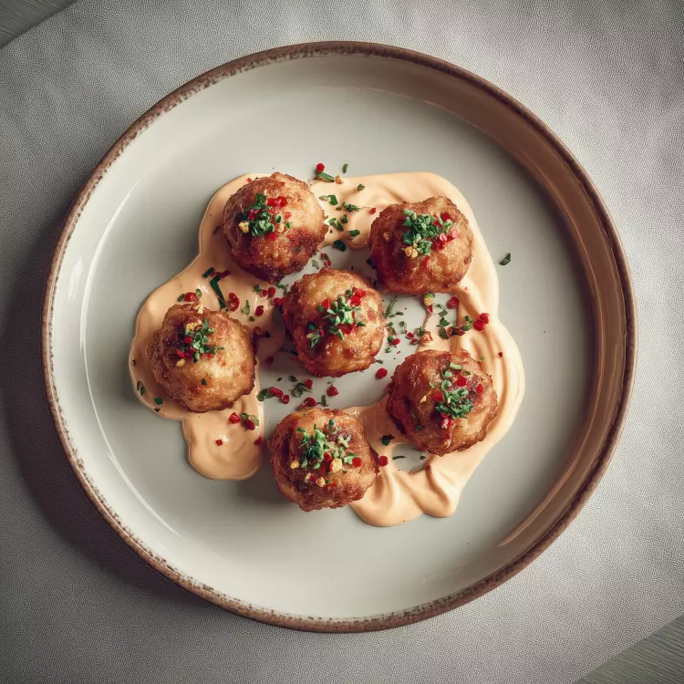 6 tsukunes de porc et crevettes, sauce bang bang