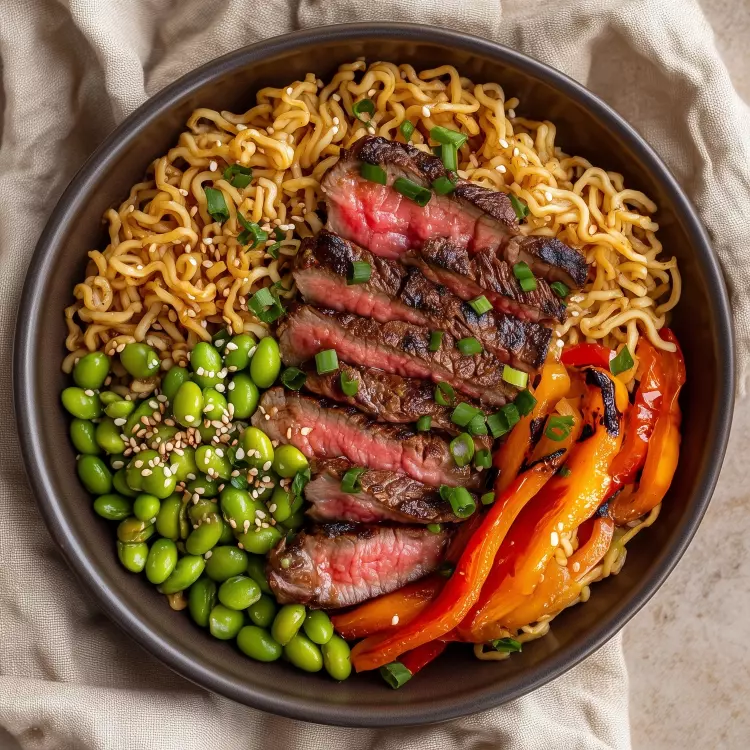 Bol ramen de 2 steaks de bavette de boeuf aux légumes, gingembre et hoisin