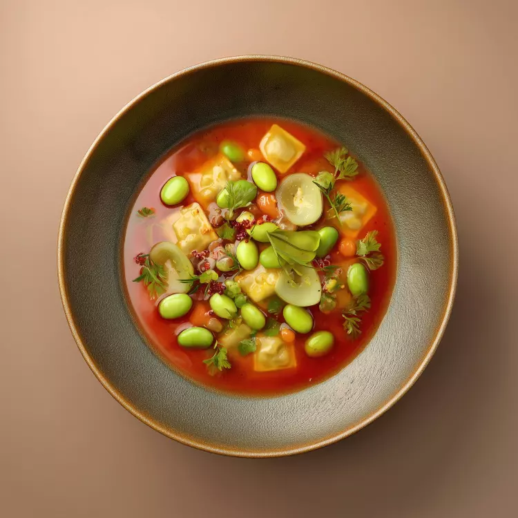 Soupe jardinière aux tomates et mini-raviolis au fromage