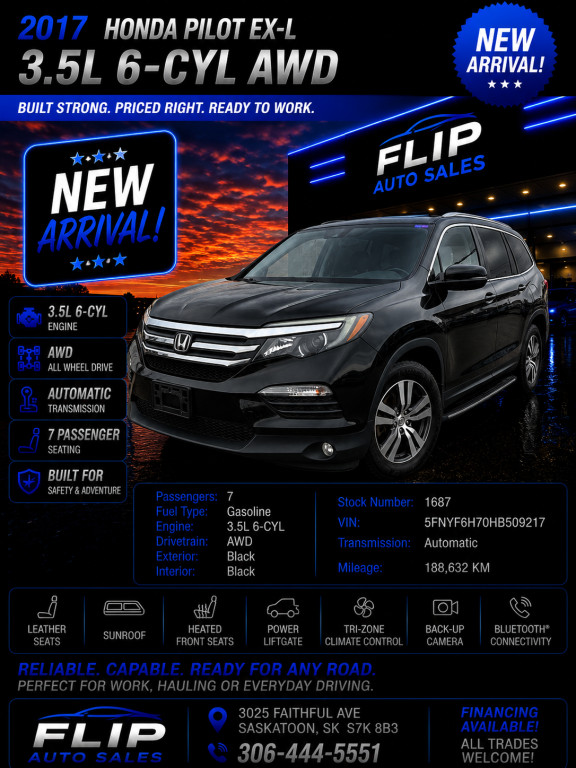 Black 2017 Honda Pilot EX-L AWD SUV / Crossover All-Wheel Drive Automatic