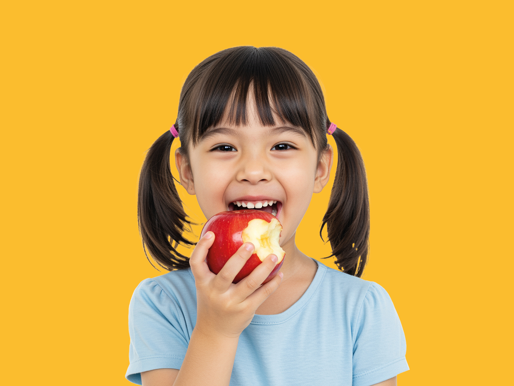 Back-to-school 2025 campaign – smiling child enjoying a healthy breakfast apple.