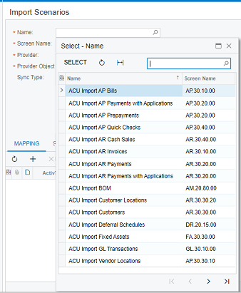 Acumatica Import Scenarios screen