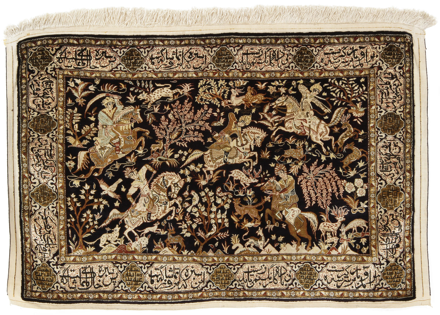 Antique Persian Silk Qum 4x5 Gold Black Tapestry Turco Persian