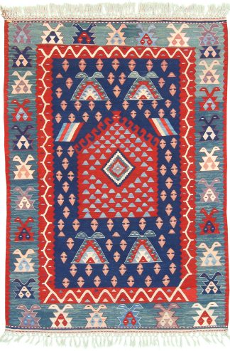 Balikesir Kilim 4'x5' Red Blue Area Rug