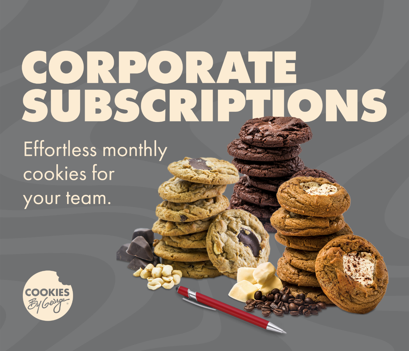 Desk with corporate items like calculator, pen, glasses and laptop with corporate subscriptions written in text