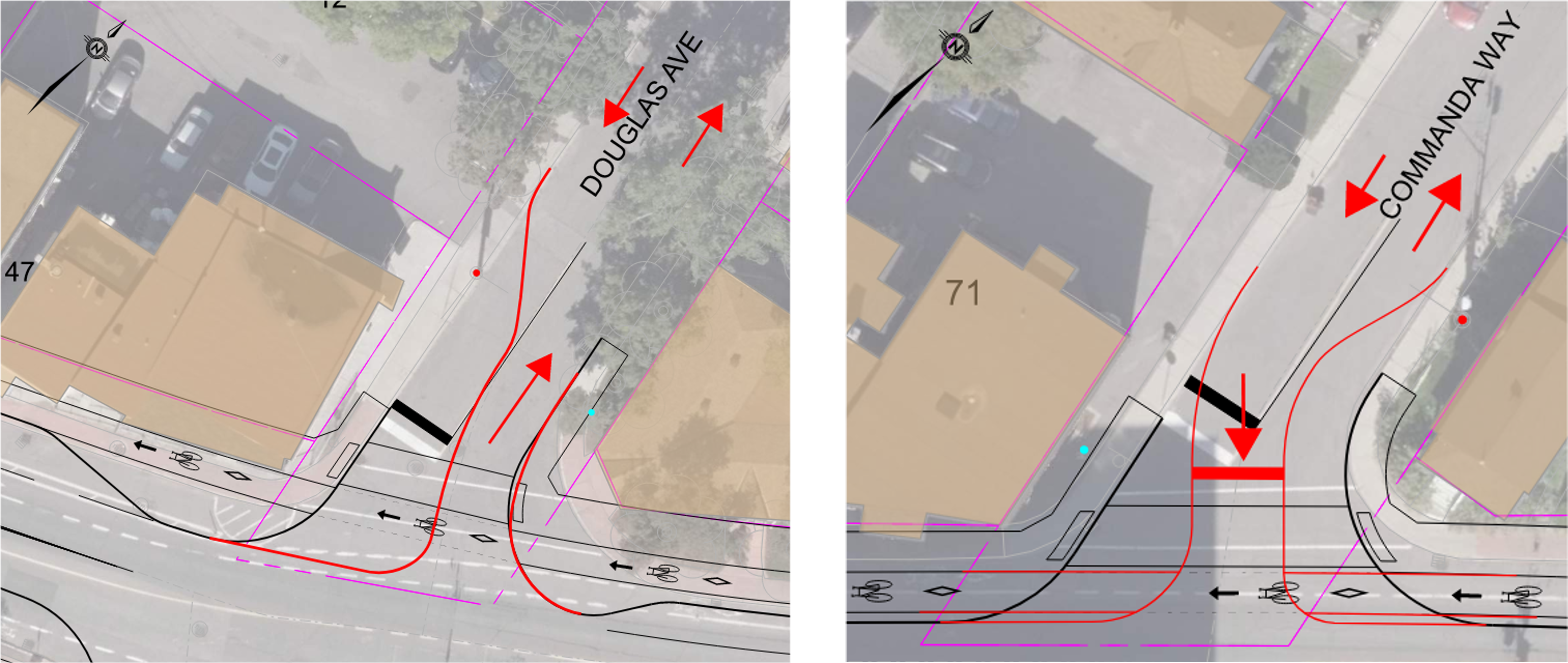 Marked up design drawings show existing design with two-lanes at side streets with a mark up showing the narrowed roadway with a one-way access option.