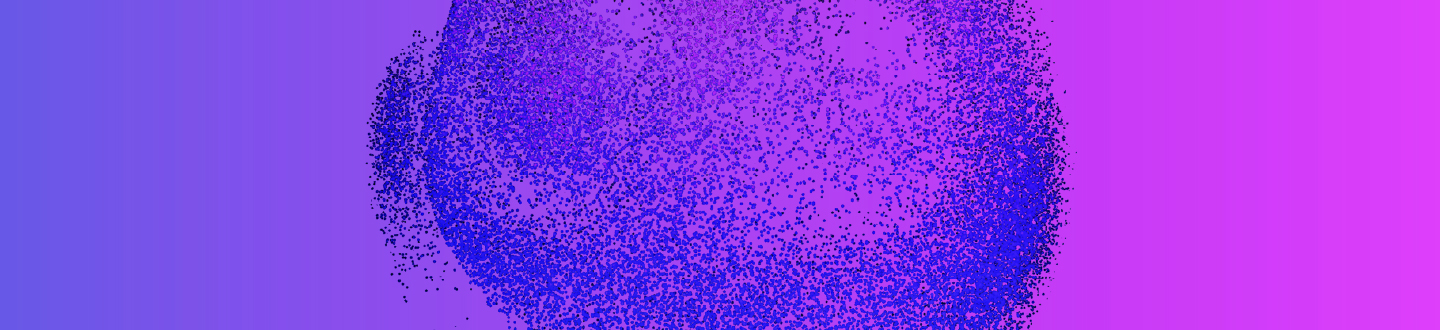 A dynamic cluster of blue particles forms an abstract circular shape against a vibrant gradient backdrop of light purple to bright pink, creating a lively, energetic feel.
