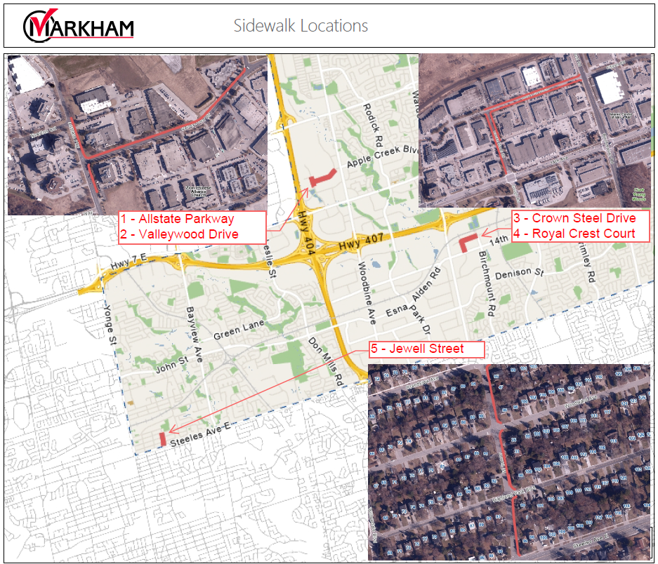 Map of Markham showing sidewalk construction locations. Allstate Parkway, Valleywood Drive, Crown Streel Drive, Royal Crest Court, and Jewell Street.