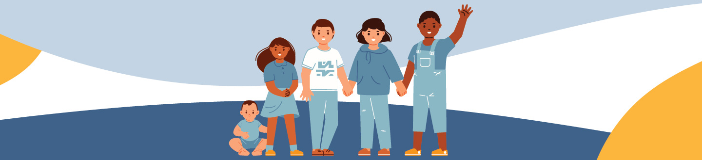Illustration of a group of small children, including a todldler and a baby, smiling and waving.