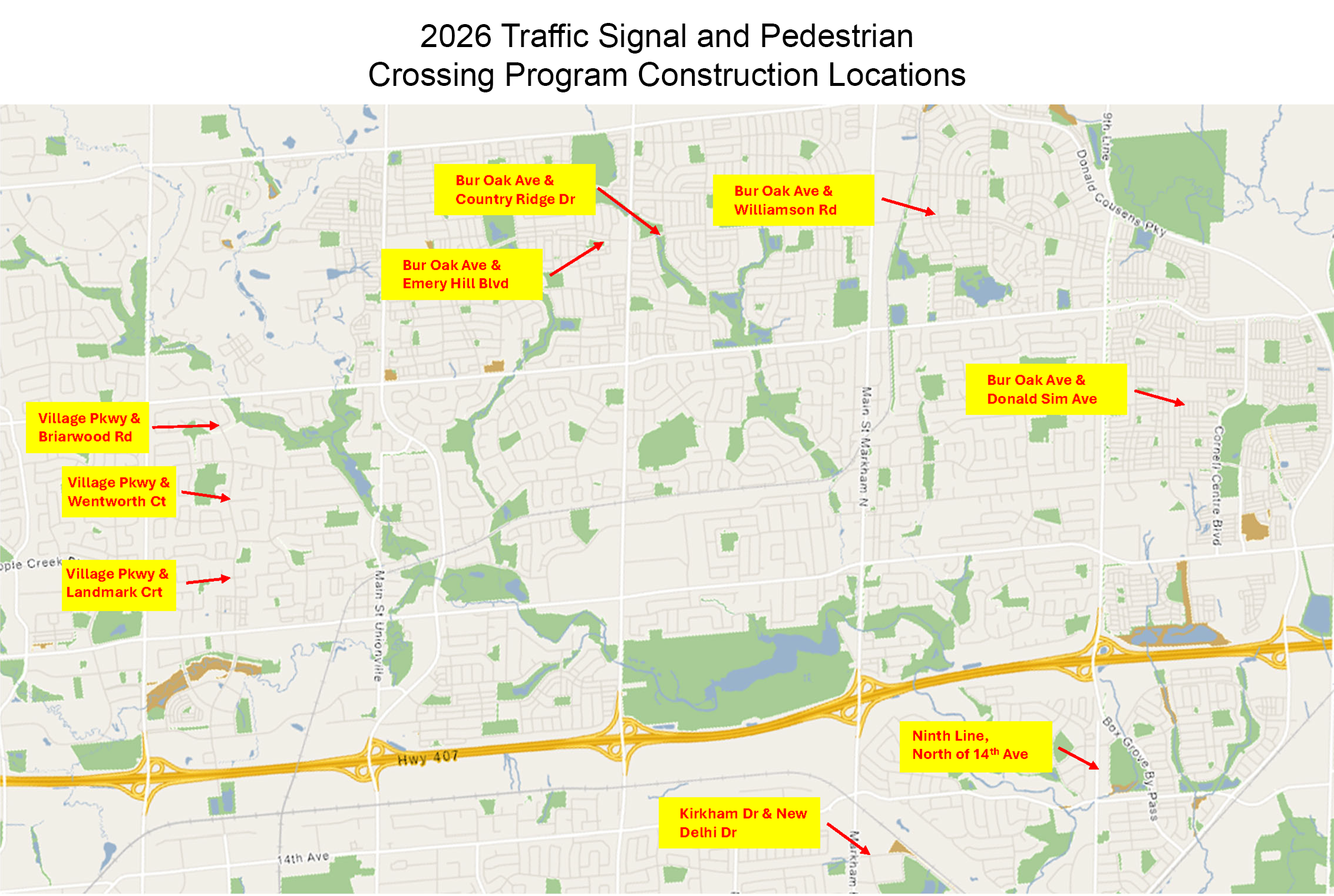 Map of Markham showing construction locations.