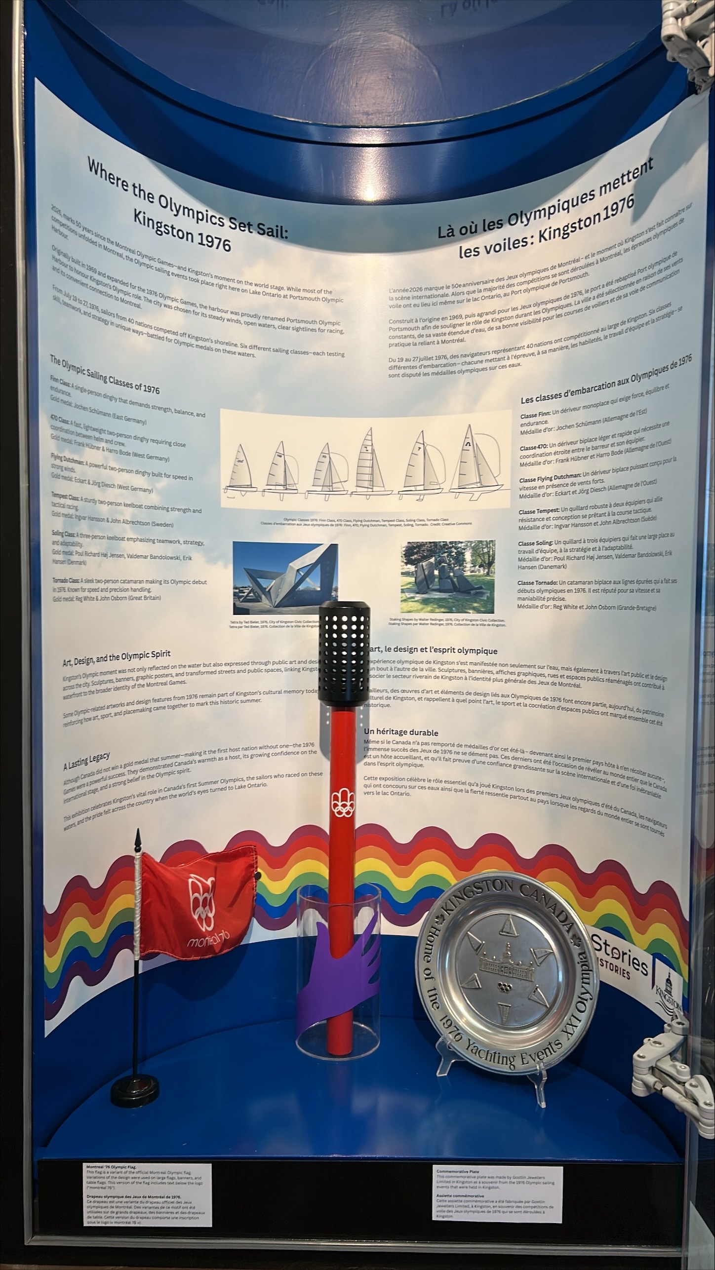 A small exhibit containing written stories, photos and small items representing the 1976 Olympic sailing events in Kingston.