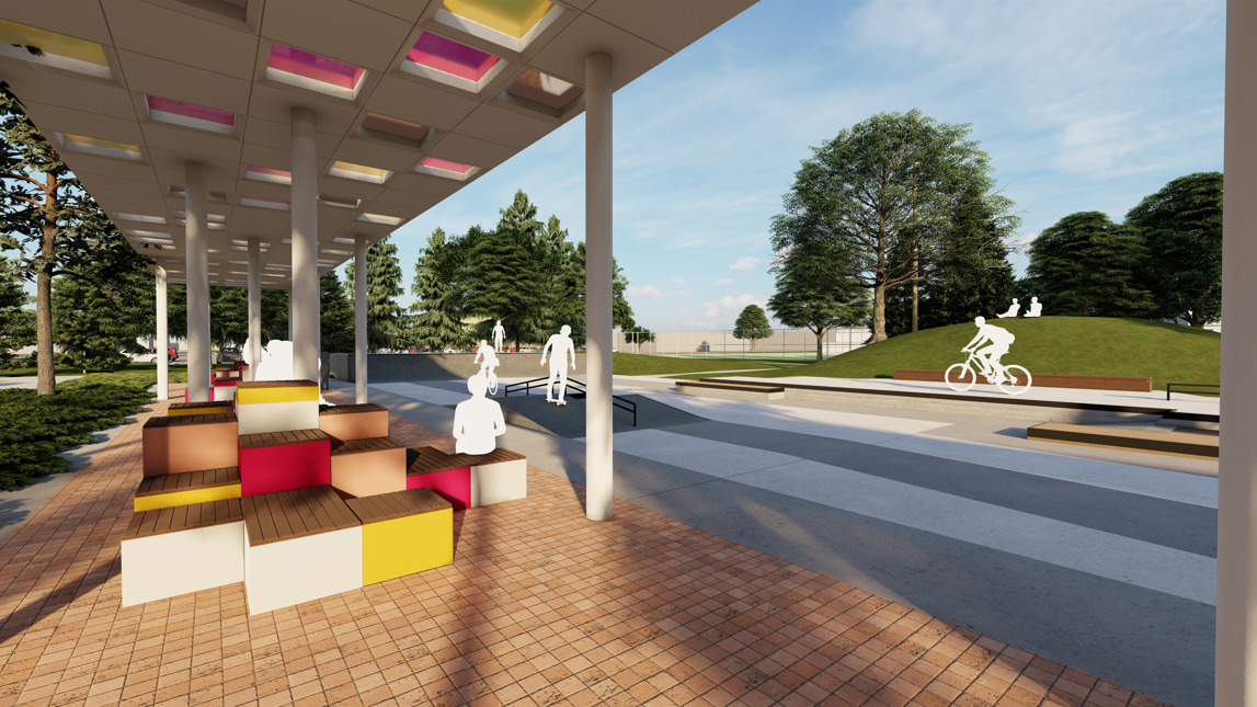 View of skateboard park from under the shade structure
