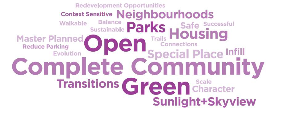 Open, complete community, green, parks, neighbourhoods, transitions, housing, special place, sunlight and skyview, safe, character, scale, master planned, context sensitive, redevelopment opportunities, connections, trails, evolution