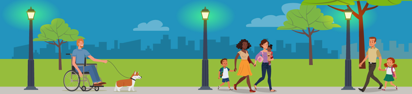 Illustration of pedestrians walking and rolling along a path with streetlights at night.