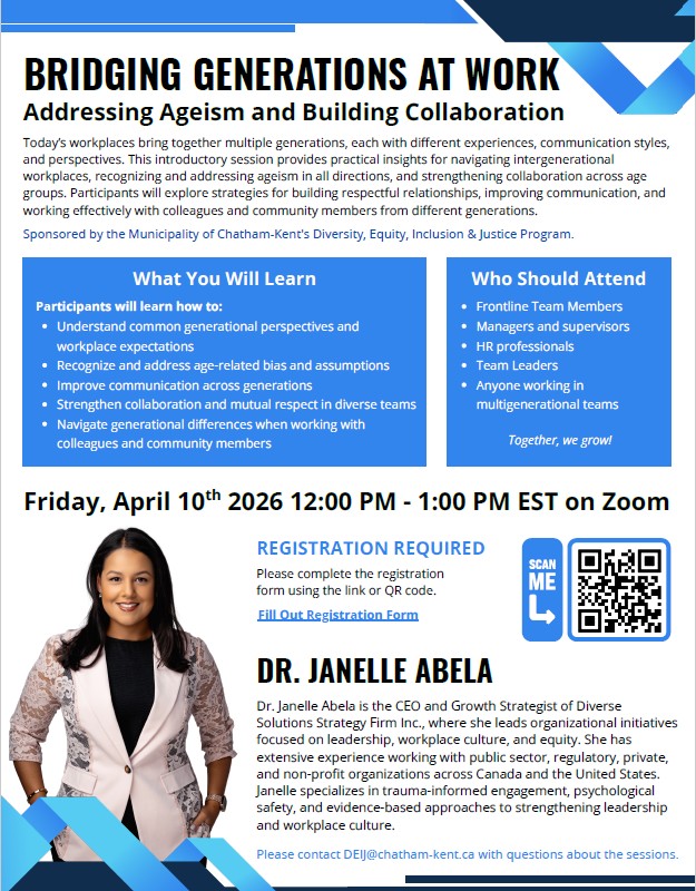 Promotional flyer. All text below. Image of woman with long dark hair in a pink blazer smiling.