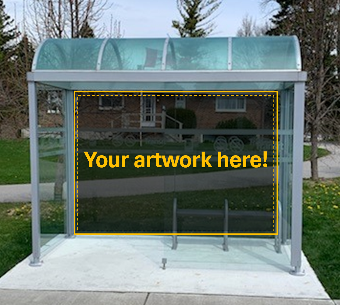 A photo of a transit shelter. A shaded rectangle covers the rear wall and bold letters say, "Your artwork here!"