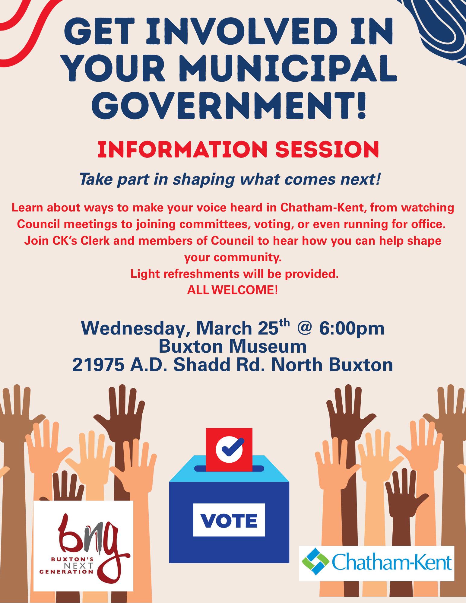 Promotional flyer. All text below. Images of a voting box and hands.