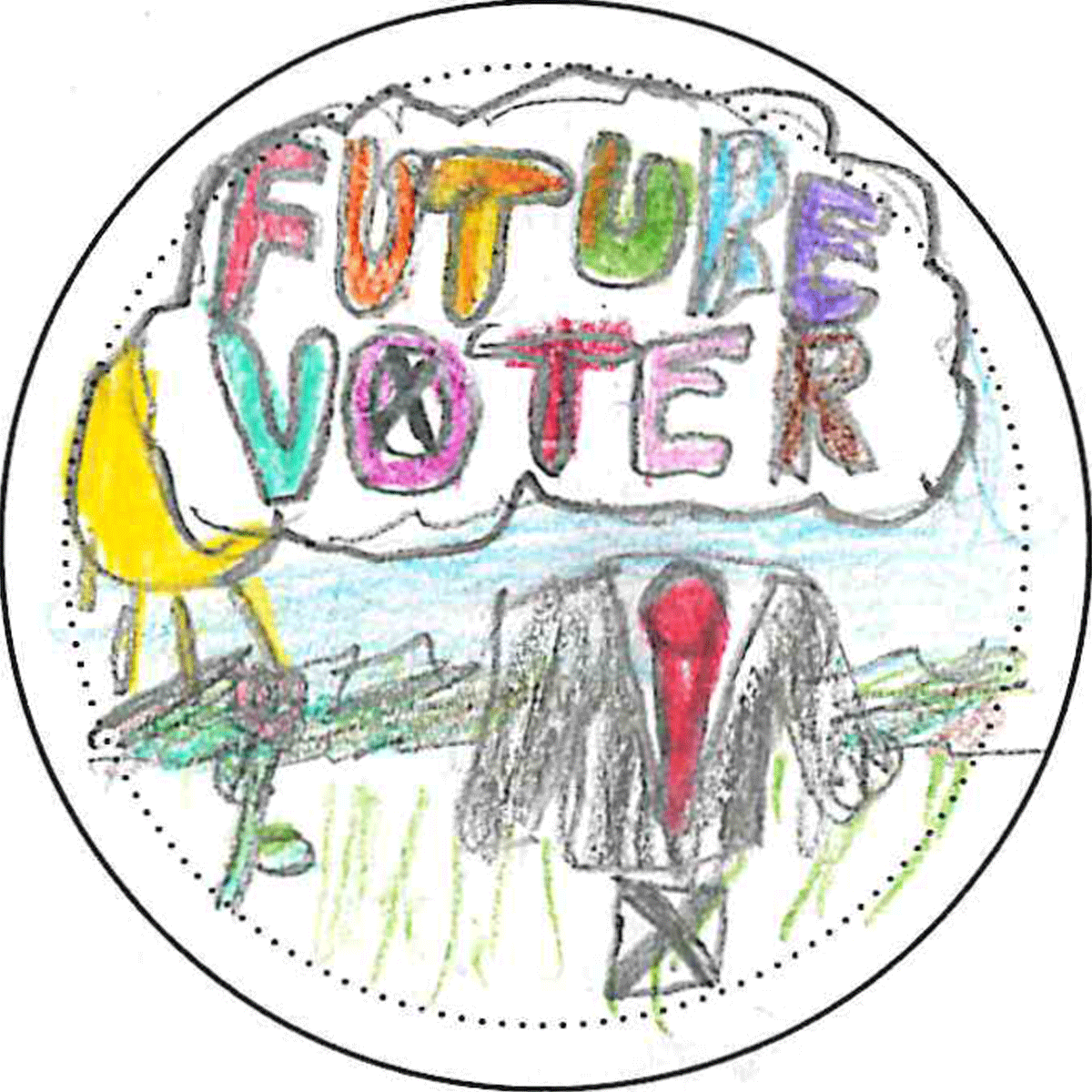 Blue background, formal suit with checked X in a box, sun shining and multicoloured text in cloud says "Future Voter" 