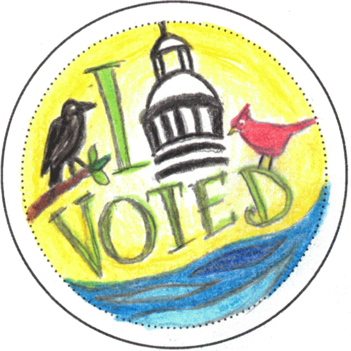 Yellow background with blue underneath. Crow and red cardinal facing City Hall with text "I Voted