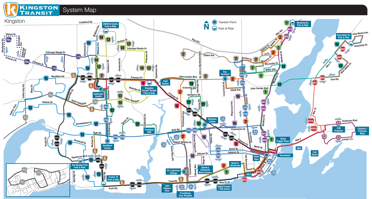 A map showing the current Kingston Transit Route System
