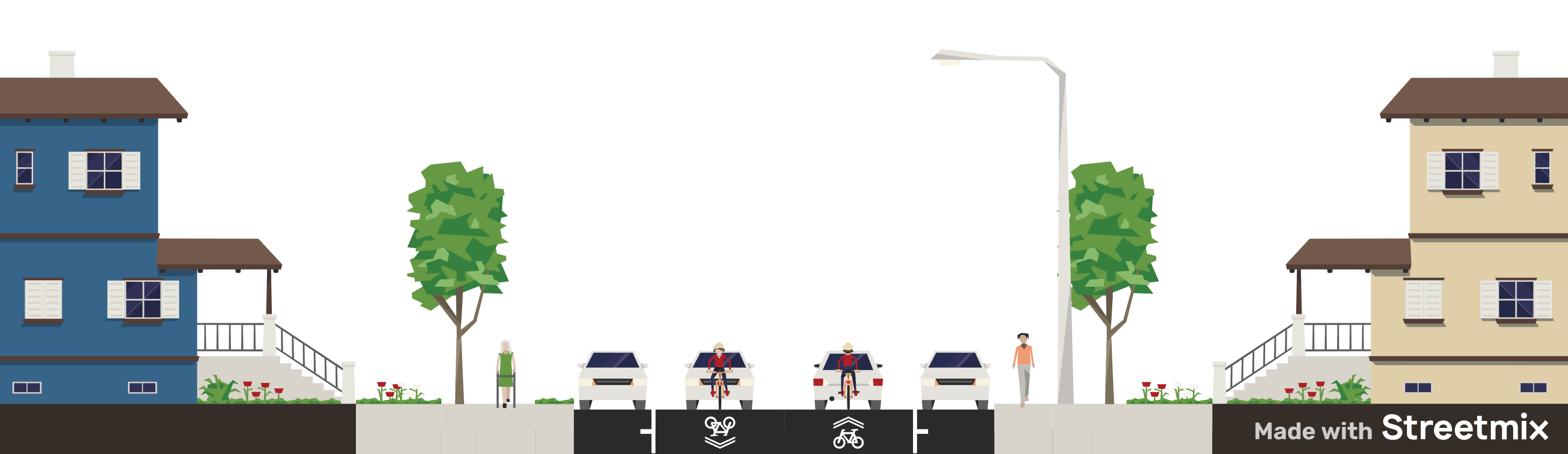Proposed configuration of a second option from Charlotte Street to Sherbrooke Street showing residential streetscape with pedestrian sidewalks and shared space for cyclists and drivers.