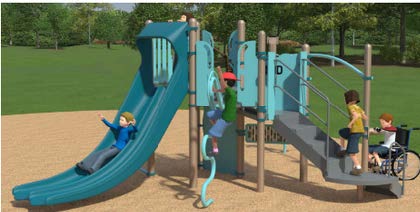 A rendering of option 2 playground options including a double scoop slide, accessible stairs, a twisting ladder, and rock wall.