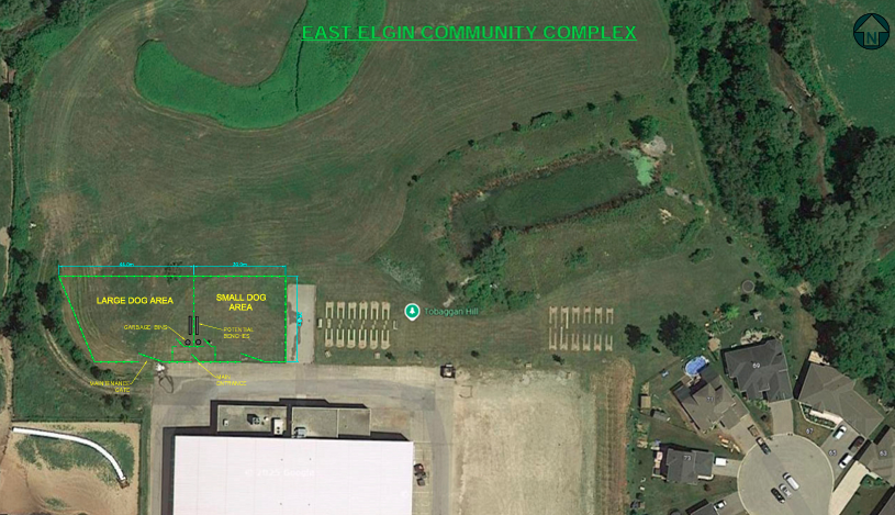 Aerial photo of East Elgin Community Complex where a proposed dog park could be located