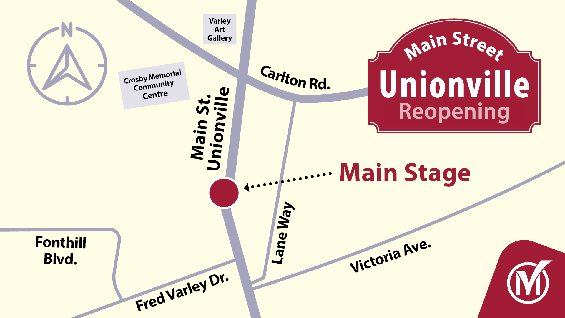 Map of Markham showing main stage location on Main St. Unionville.