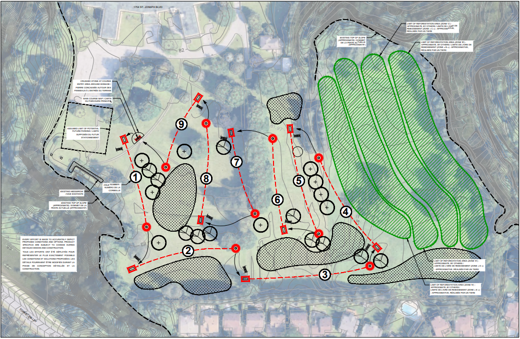 Site layout indicting disc golf course and reforestation area