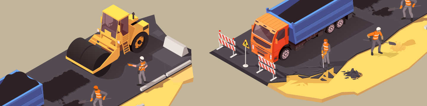 A decorative graphic showing an overhead view of cartoon road work.