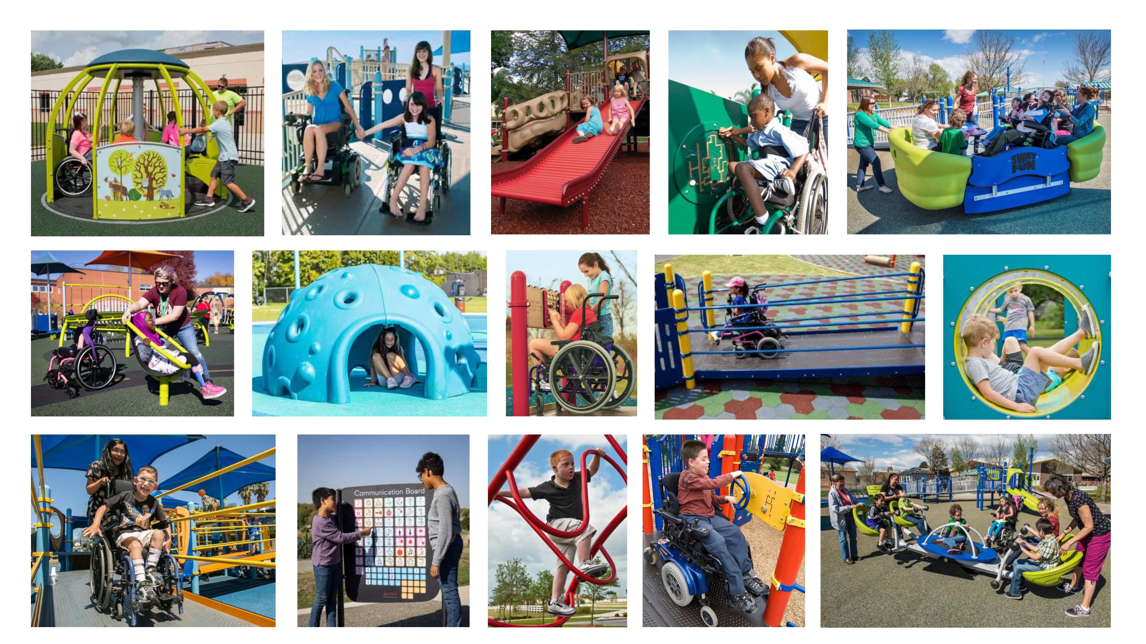 A collage made up of 15 different images depicting examples of the playground equipment at the new Jumpstart Inclusive Playground. 