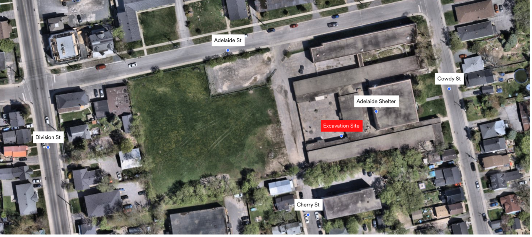 an overhead view of the Adelaide St. shelter with an excavation site marked in the courtyard.
