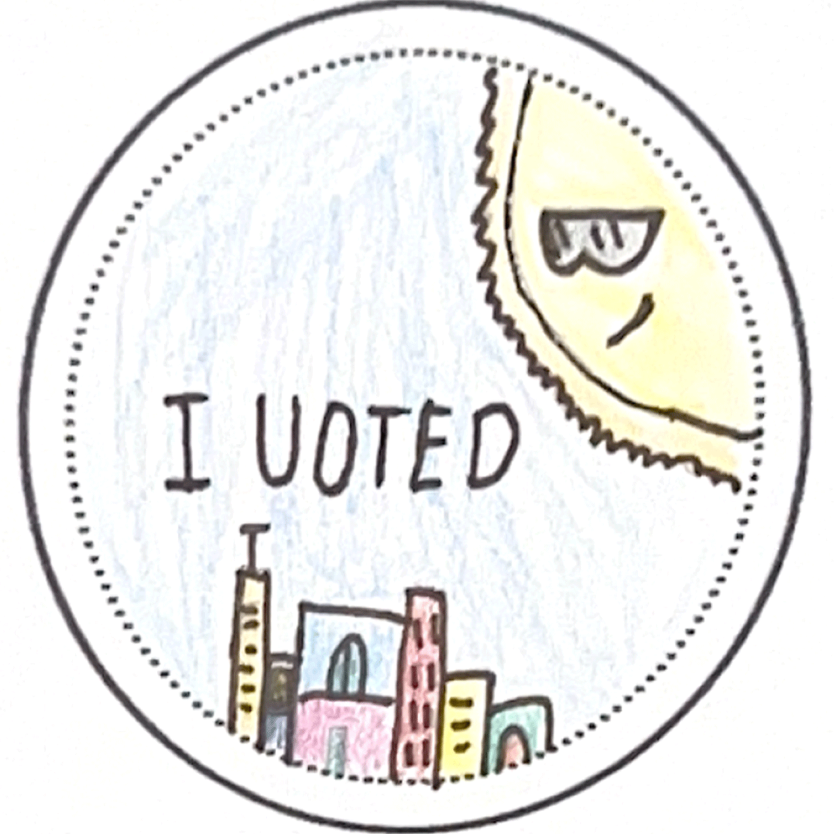 Light blue background, with a sun in the corner smiling above a few building. Text says "I Voted" 