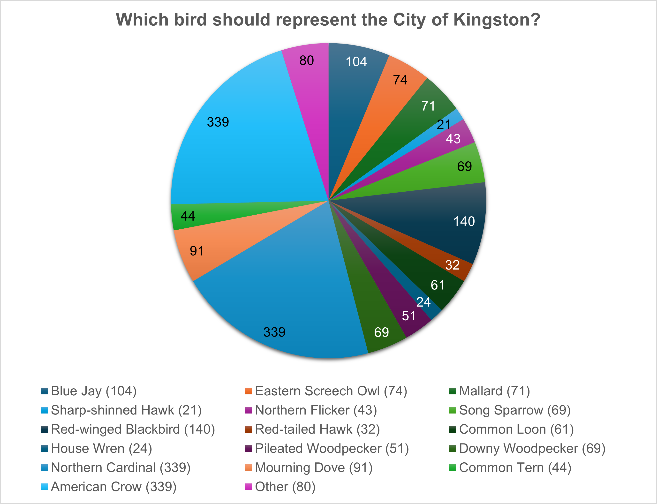 A pie chart showing the breakdown of votes. Blue jay had 104. Eastern screech owl had 74. Mallard had 71. Sharp-shinned hawk had 21. Northern flicker had 43. Song sparrow had 69. Red-winged blackbird had 140. Red-tailed hawk had 32. Common loon had 61. House wren had 24. Pileated woodpecker had 51. Downy woodpecker had 69. Northern cardinal had 339. Mourning dove had 91. Common tern had 44. American crow had 339. Other had 80.