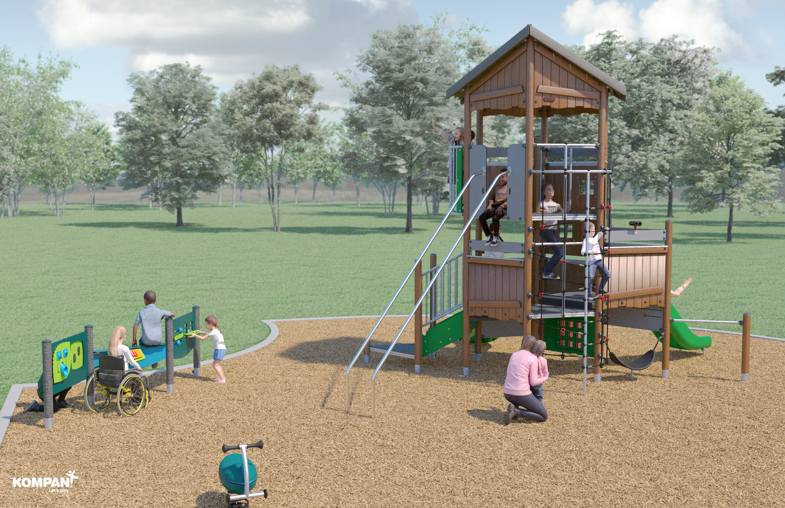 An #D rendered image showing children playing on the new playground.
