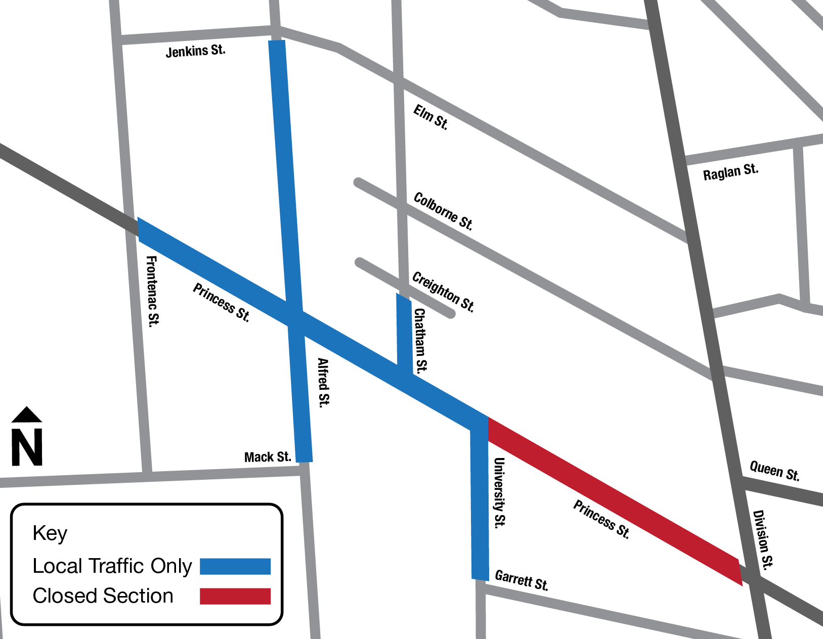 A street map of the Williamsville area of Kingston. Princess Street from Division to University is highlighted in red, indicating it is closed to traffic. Princess Street from the other side of University to Frontenac is highlighted in blue, indicating it is open to local traffic only.