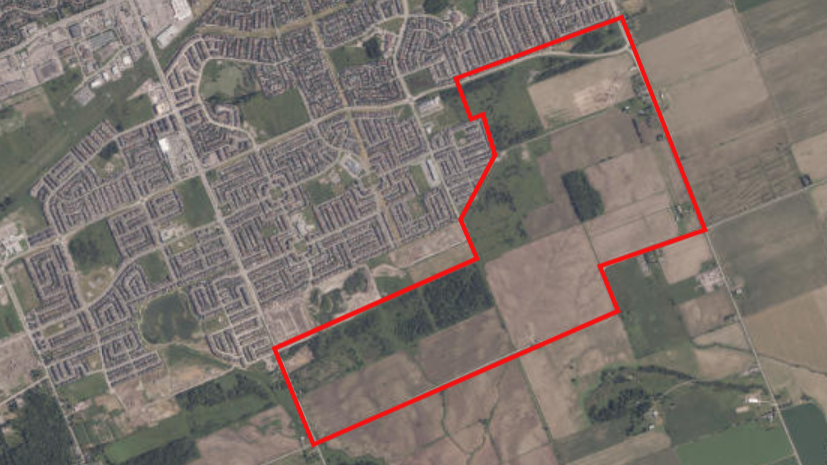 Aerial map of South Orleans neighbourhood including Wall Road with outline of study area.