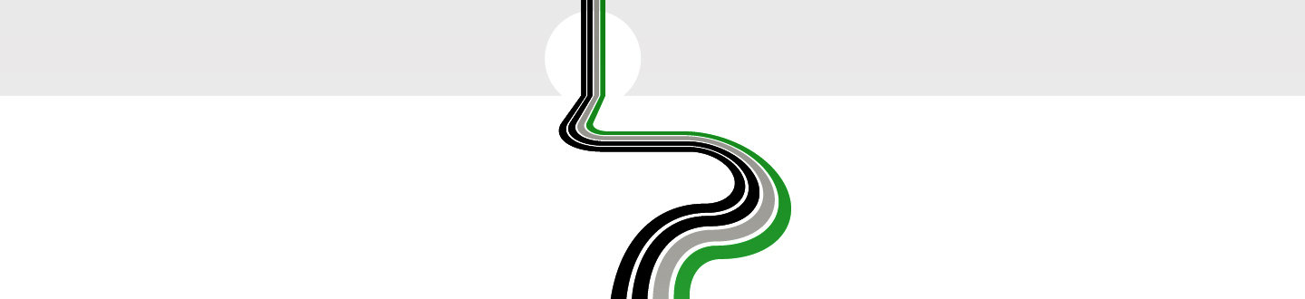 Four parallel curving lines, one of which is green to represent a protected bike lane.