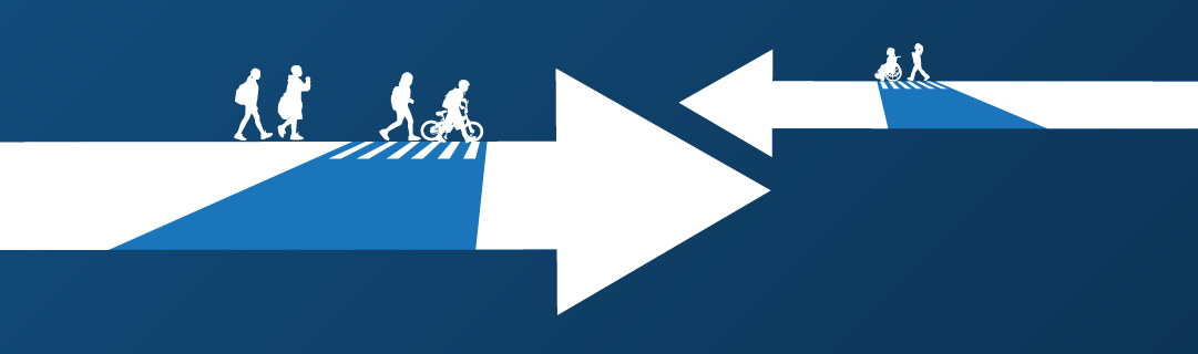 Pedestrians walking, rolling and biking across a crosswalk represented by directional arrows.