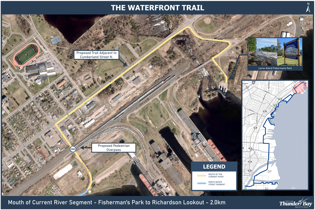 A map of the Fisherman's Park area shows the new proposed route of the Waterfront Trail in the area, direct pedestrians and cyclists from Marina Park Drive over a new railway overpass, onto MacDougall Street, then onto Cumberland Street North until it meets with the previously proposed trail section at Grenville Avenue.