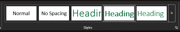 Screenshot of a Microsoft Word Styles gallery showing Normal, No Spacing, and multiple green Heading style options.