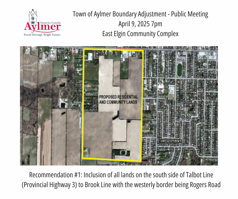 Aerial map outlining the lands on the south side of Talbot Line (Provincial Highway 3) to Brook Line with the westerly border being Rogers Road recommended for inclusion in the boundary adjustment