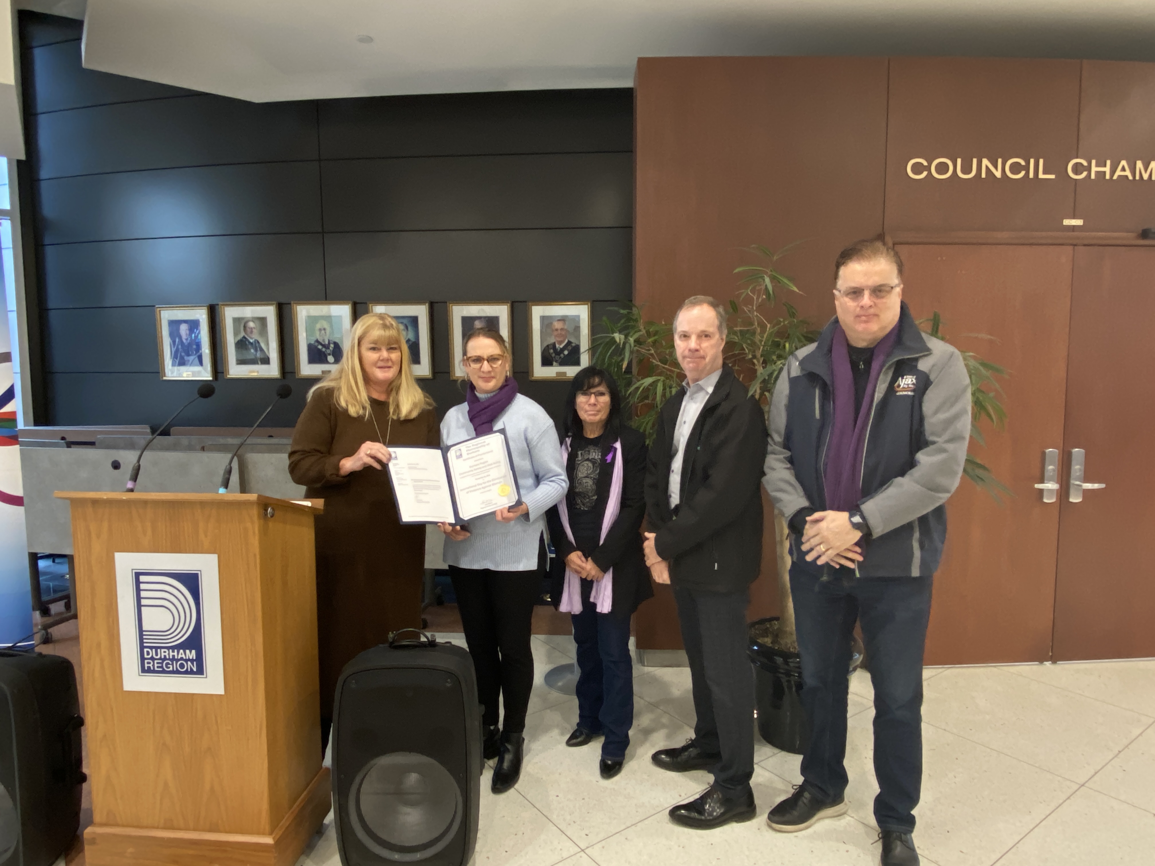 From left to right: Whitby Mayor and Regional Councillor, Elizabeth Roy; Executive Director of Herizon House, Vanessa Falcon; Ajax Regional Councillor, Marilyn Crawford; Uxbridge Regional Councillor, Bruce Garrod; Ajax local Councillor Rob Tyler-Morin.