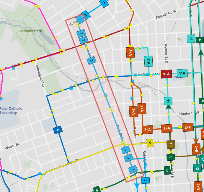 Figure 1 shows Transit Routes in the Park Street North Study Area