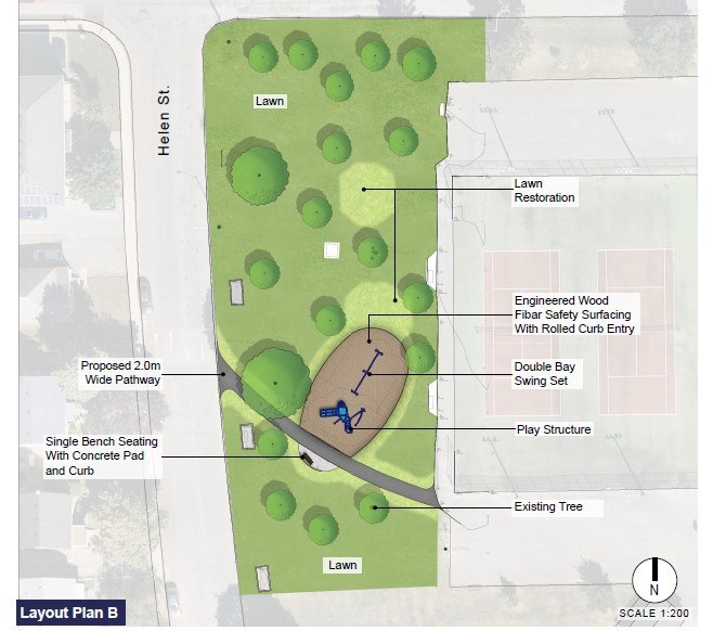 Coloured concept plan of Compton Park near corner of Helen St and Carruthers Ave. A proposed oval shape playground area with a play structure and double bay swing set, new pathway and bench on a concrete pad.